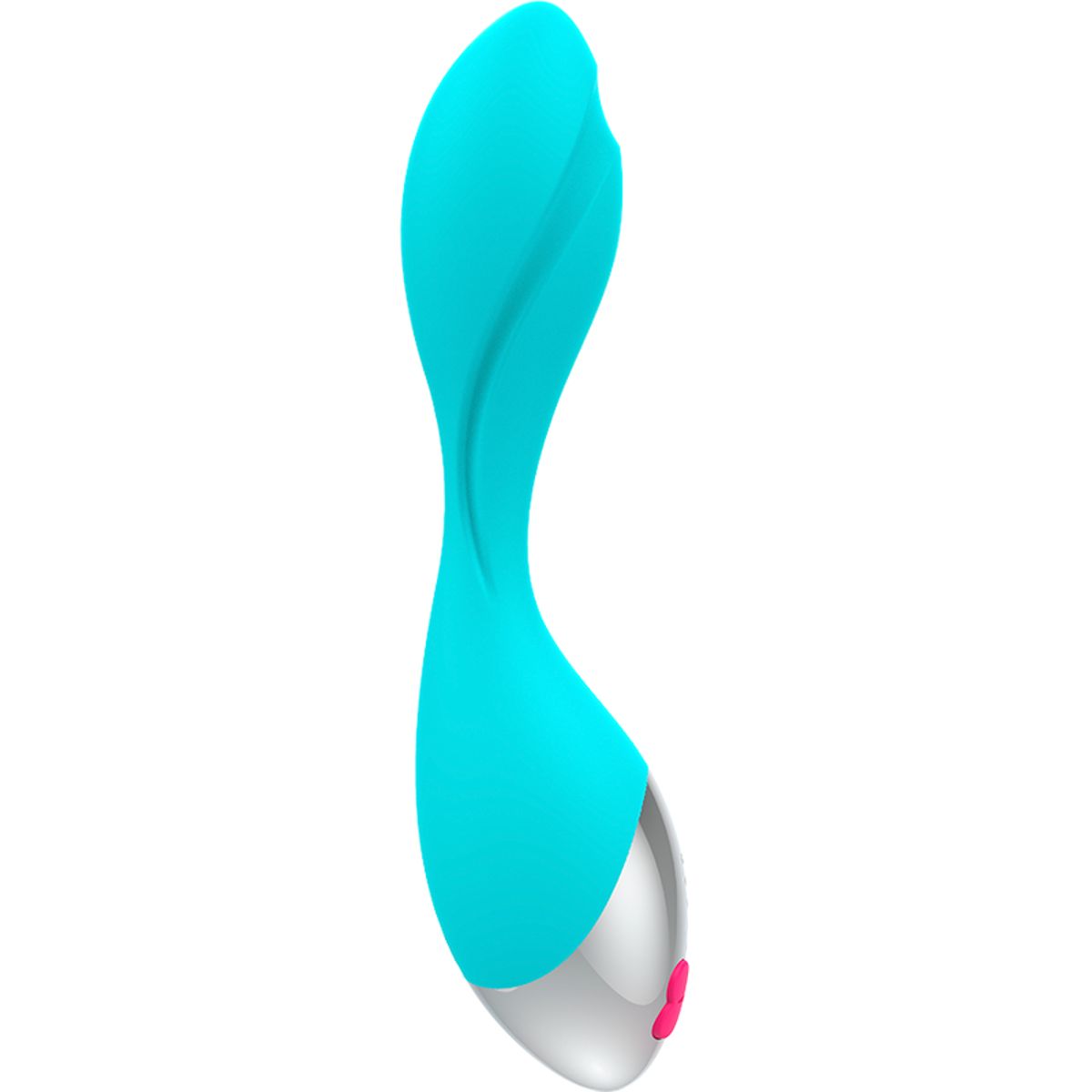 Türkisfarbener Vibrator mit silberfarbenem Kopf und pinkfarbenem Bedienfeld. Der Vibrator ist leicht geneigt, die Spitze zeigt nach oben.