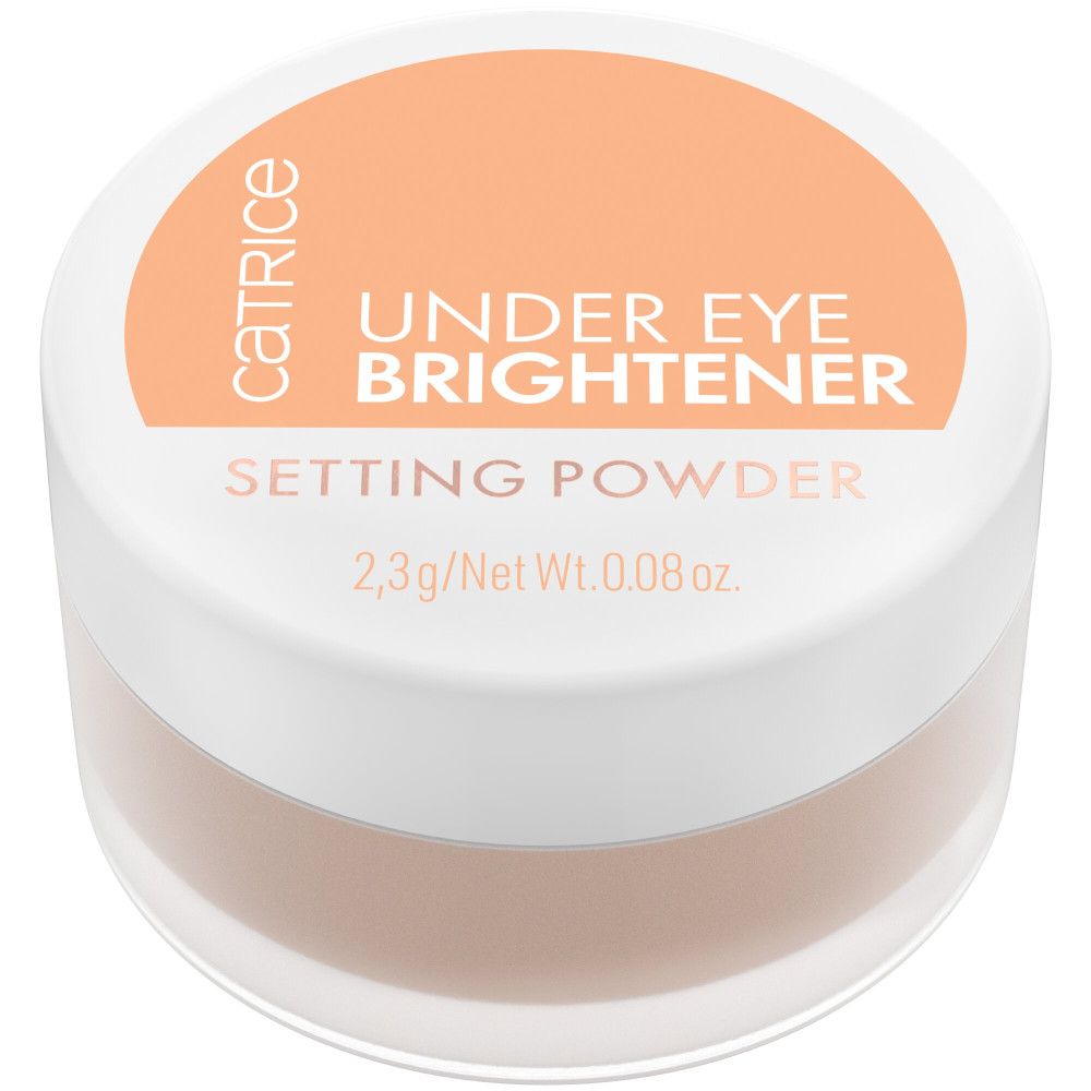 Runder Behälter mit weißem Deckel und hellbraunem Inhalt. Auf dem Deckel steht "Catrice Under Eye Brightener Setting Powder".