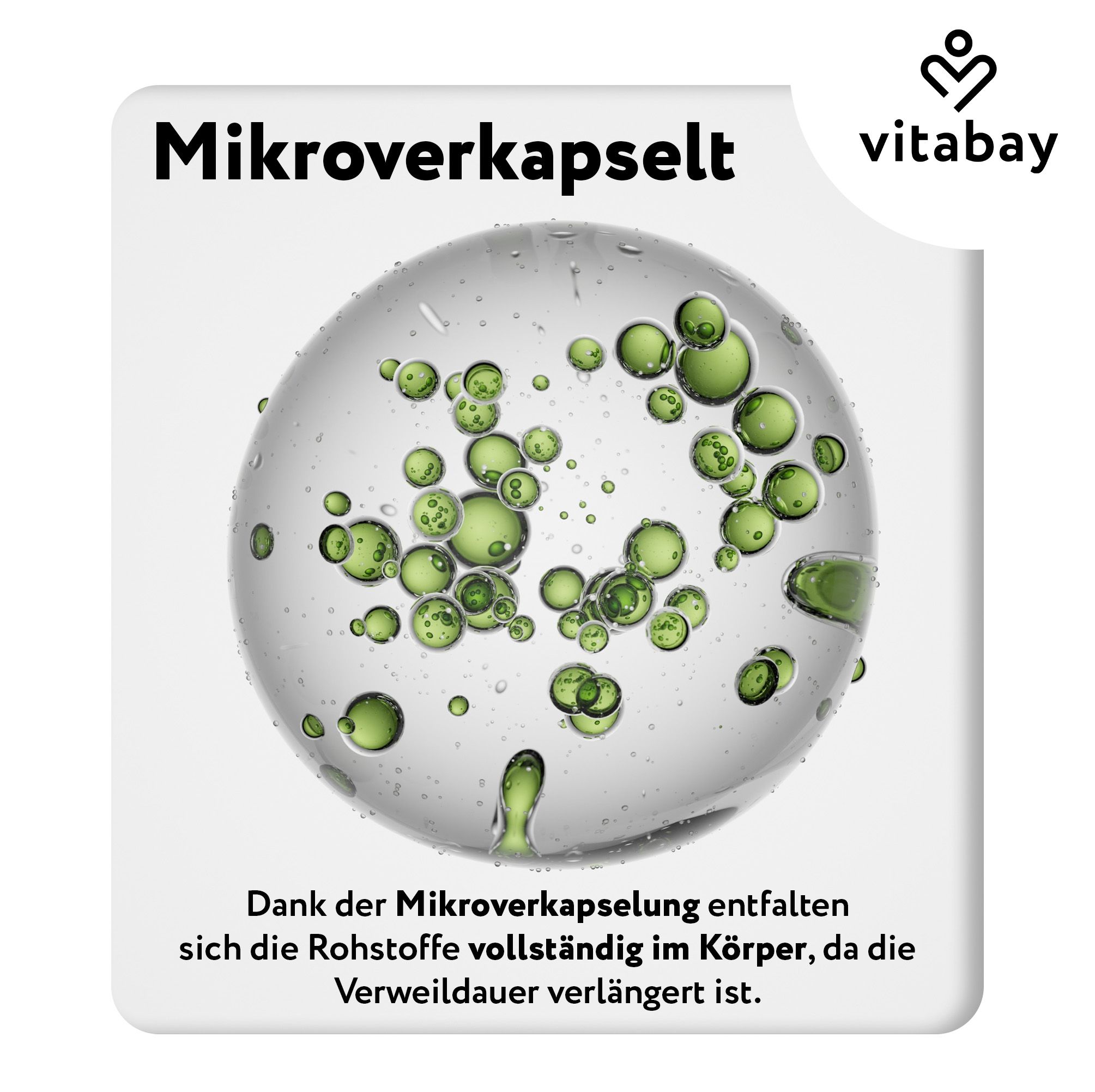 Mikroverkapselte Kügelchen. Text: Dank der Mikroverkapselung entfalten sich die Rohstoffe vollständig im Körper.