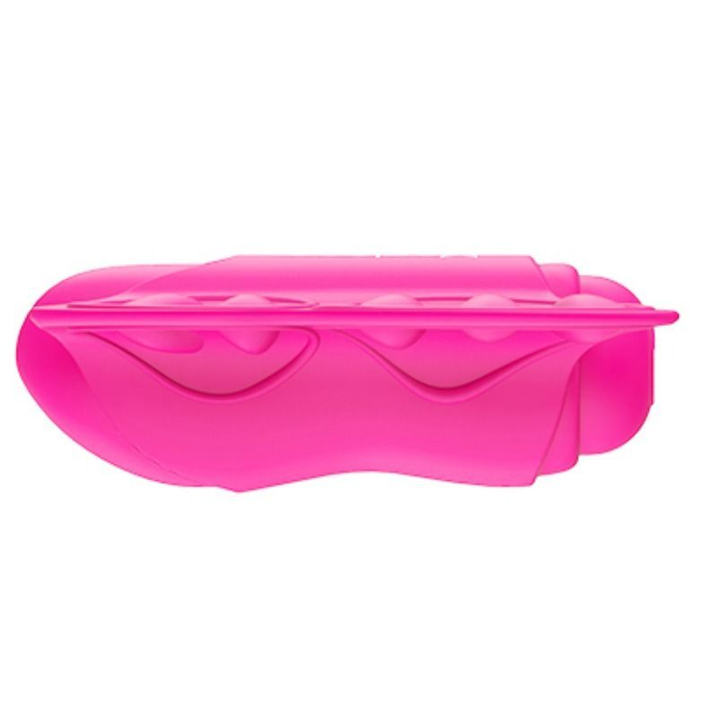 Draufsicht auf einen pinken Schmetterlingsvibrator mit Flügeln und Noppen.