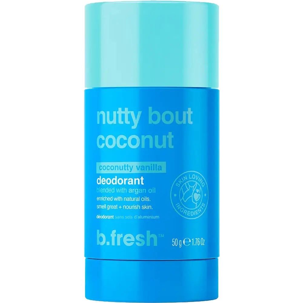 Blaues Deodorant mit hellblauem Deckel. Aufschrift: "nutty bout coconut". Logo: "b.fresh".