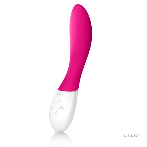 Pink-weißer Vibrator. Geschwungene Form. Vier Knöpfe. LELO-Logo.