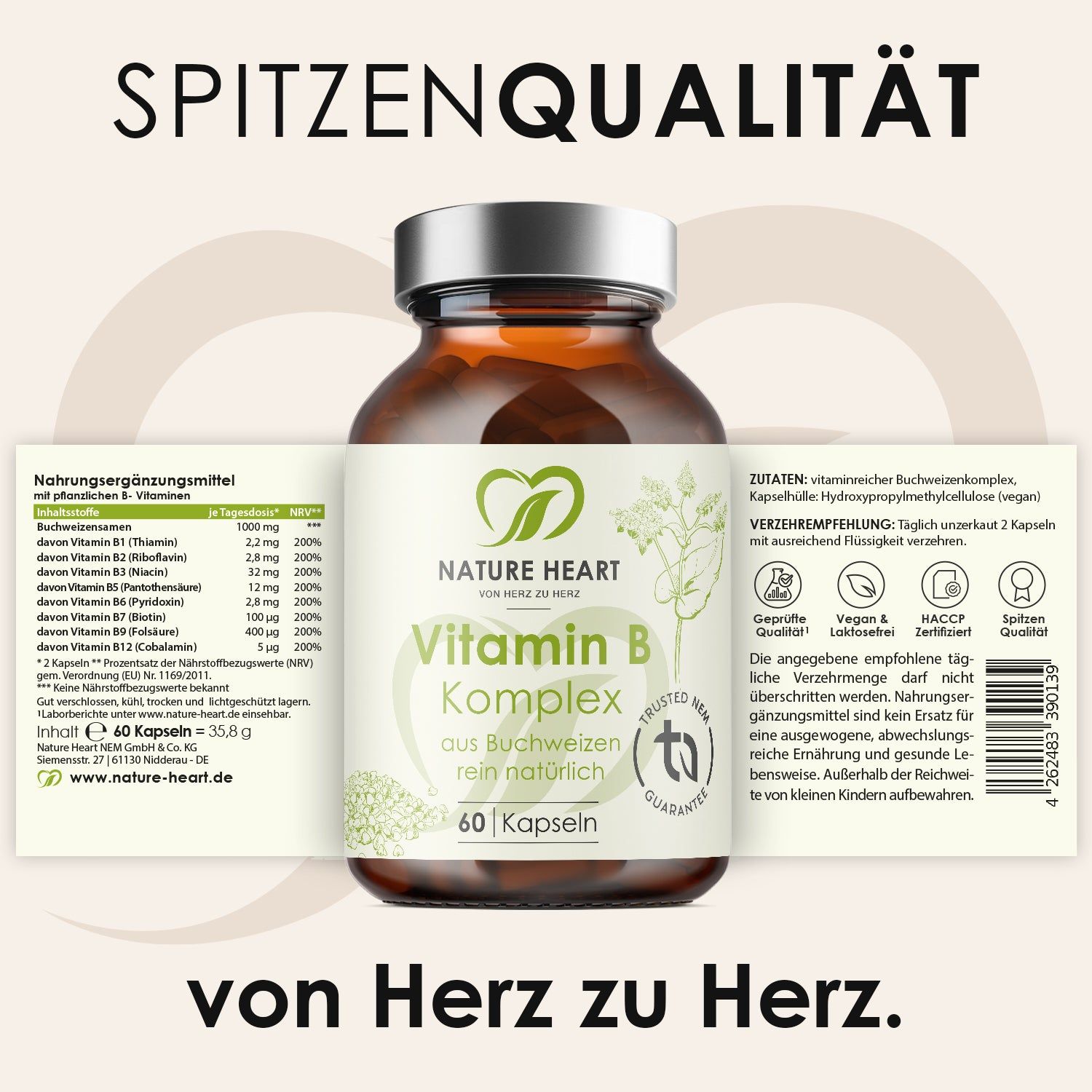 Nature Heart Vitamin B Komplex Kapseln, Braunglasflasche mit Etikett und Nährwertangaben. 60 Kapseln.