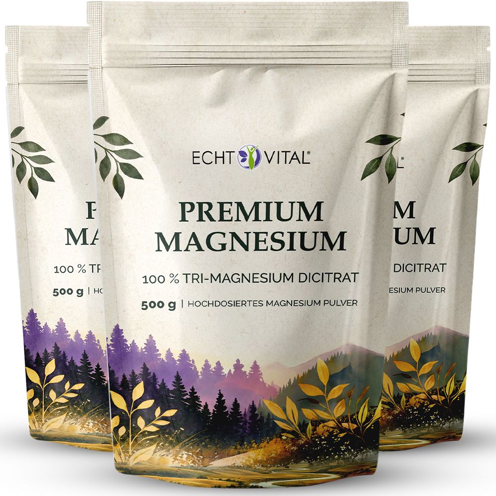 Drei Beutel Echt Vital Premium Magnesium Pulver mit 100% Tri-Magnesium Dicitrat, 500g.