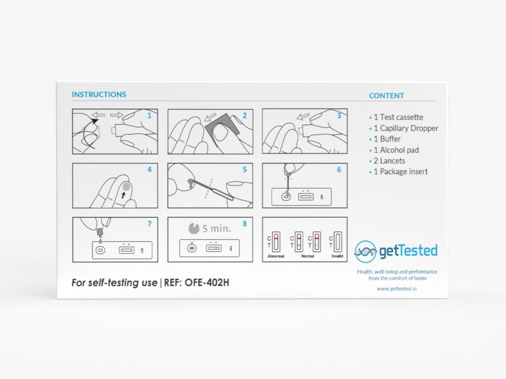 Verpackung mit Anweisungen für den GetTested Eisenmangeltest. Illustrationen zeigen die Testschritte. Enthält Testkassette, Tropfer, Puffer, Alkoholtupfer und Lanzetten.