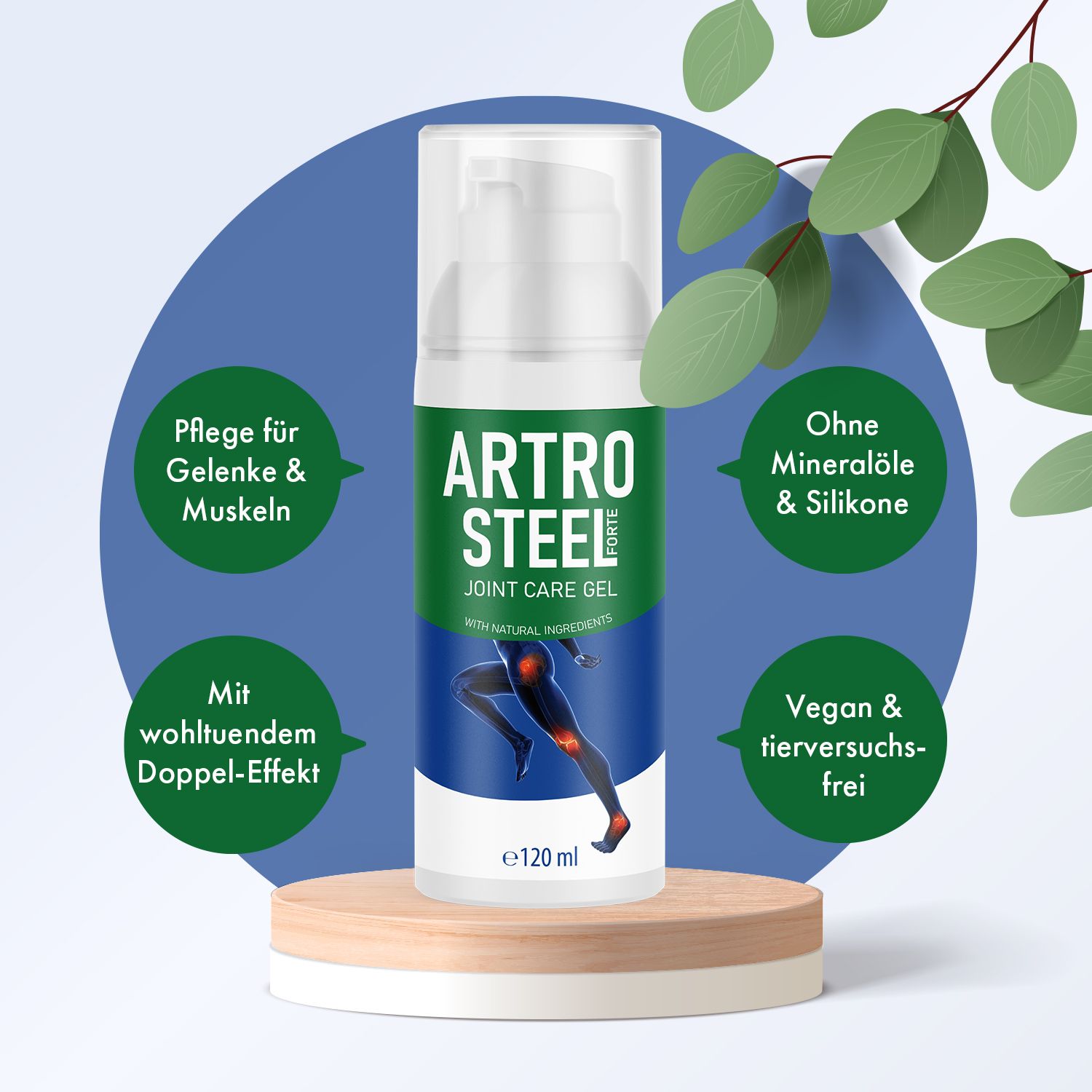 Artro Steel Forte Gel, weiße Flasche mit grünem Etikett. Text: Joint Care Gel, 120 ml. Auf blauem Podest, umgeben von Blättern.