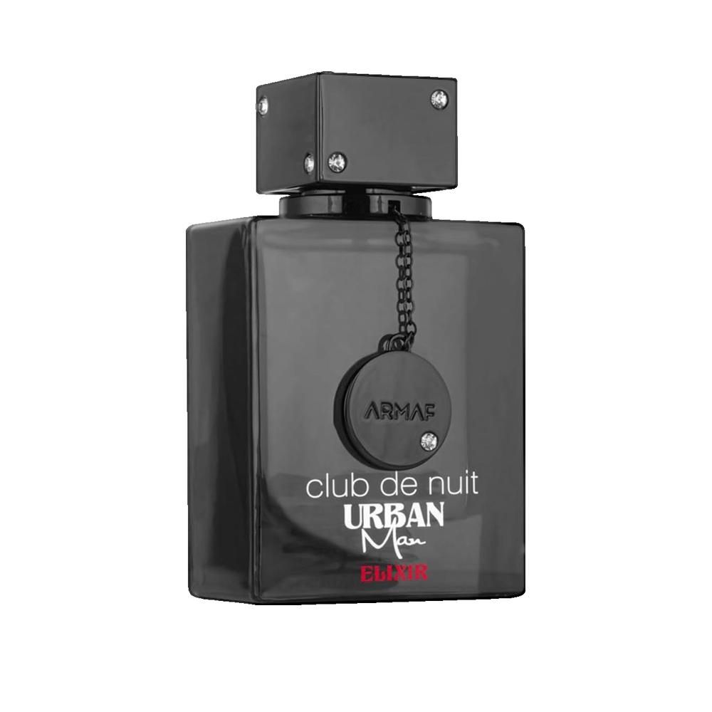 Schwarzer Flakon mit quadratischem Deckel. Aufschrift: Club de Nuit Urban Man Elixir. Anhänger mit Kette.