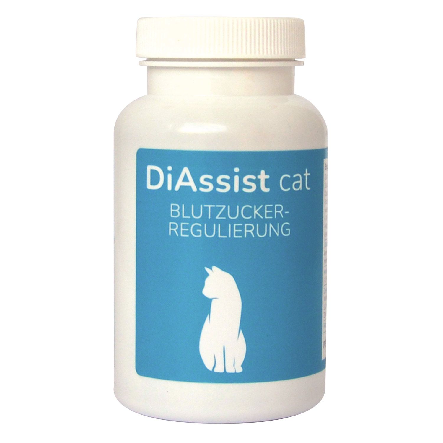 Weiße Flasche mit blauem Etikett für DiAssist cat zur Blutzuckerregulierung, zeigt eine stilisierte Katze.