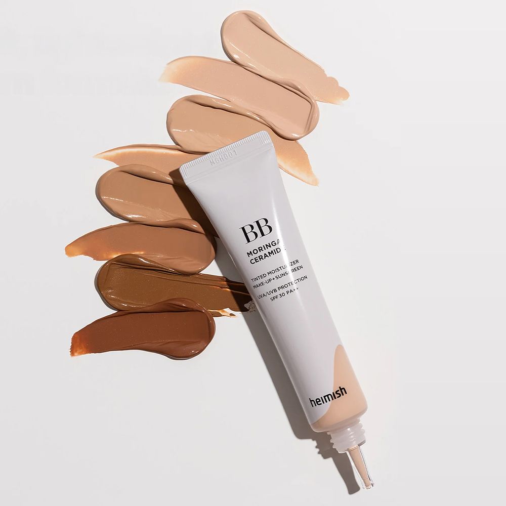 BB Moringa Ceramide BB Cream Tube mit Farbproben und Textur.