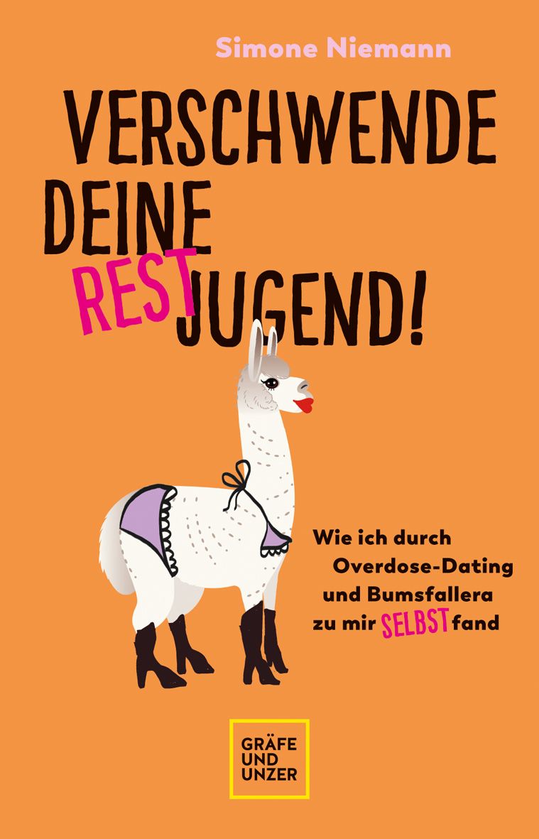 Buchcover mit Titel "Verschwende deine Restjugend!". Illustration eines Lamas mit Bikini. Autor: Simone Niemann.
