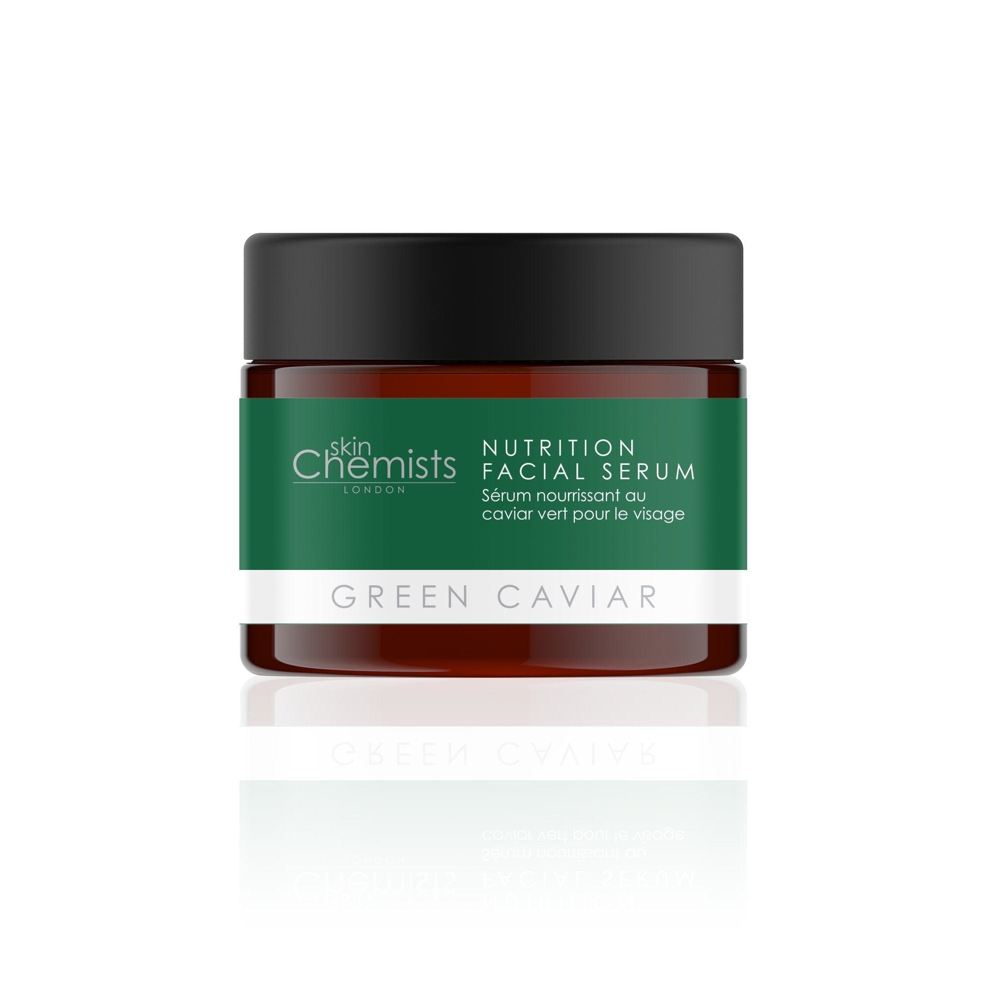 Braunes Glas mit schwarzem Deckel. Grünes Etikett mit weißer Schrift. Schriftzug: Green Caviar, Skin Chemists, Nutrition Facial Serum.