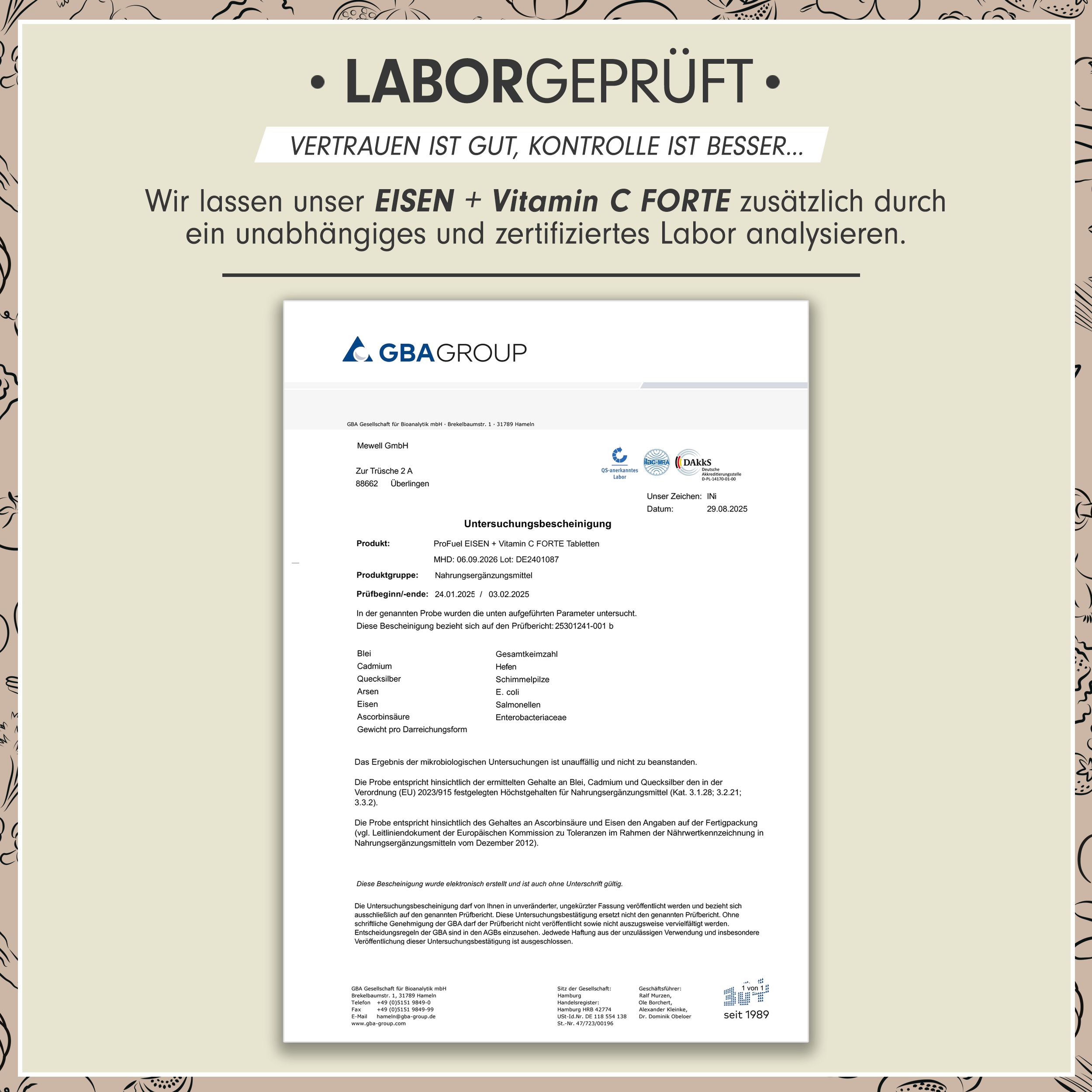 Laborbericht. Dokument mit Informationen zu EISEN + VITAMIN C FORTE. Enthält Angaben zu Inhaltsstoffen, Analyseergebnissen und Hersteller.