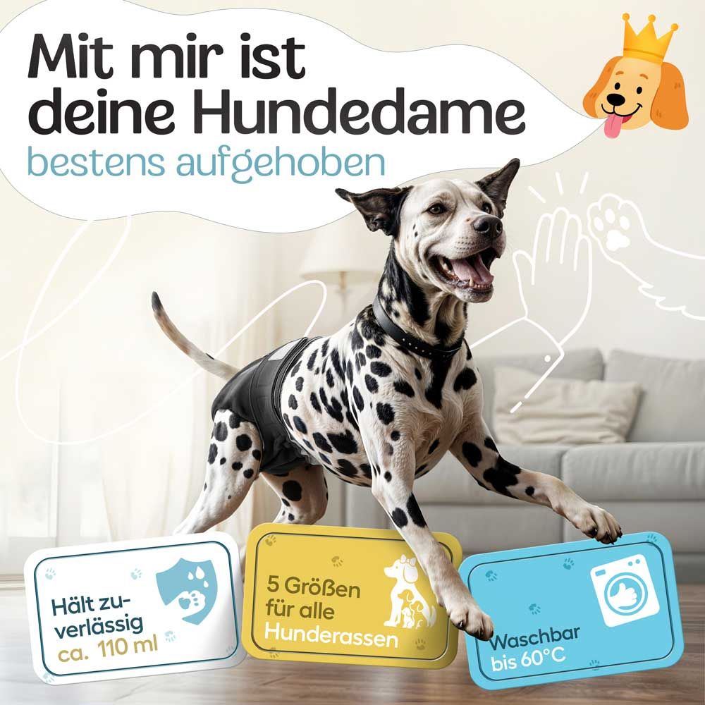 Dalmatiner-Hund mit Windel. Text: Hält zuverl. ca. 110 ml, 5 Größen, Waschbar bis 60°C. Illustrationen.