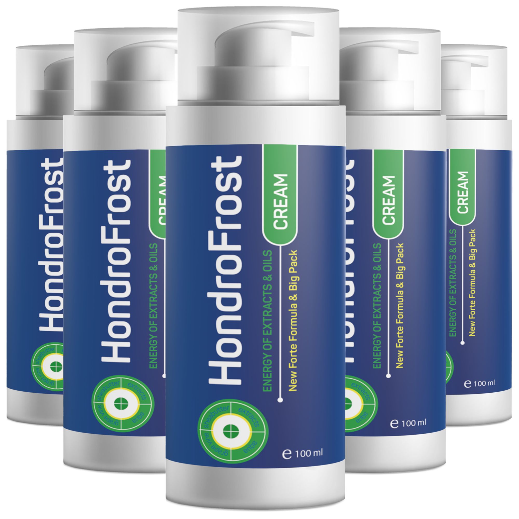 Fünf blaue Pumpflaschen mit weißem Etikett, HondroFrost Cream, 100 ml.