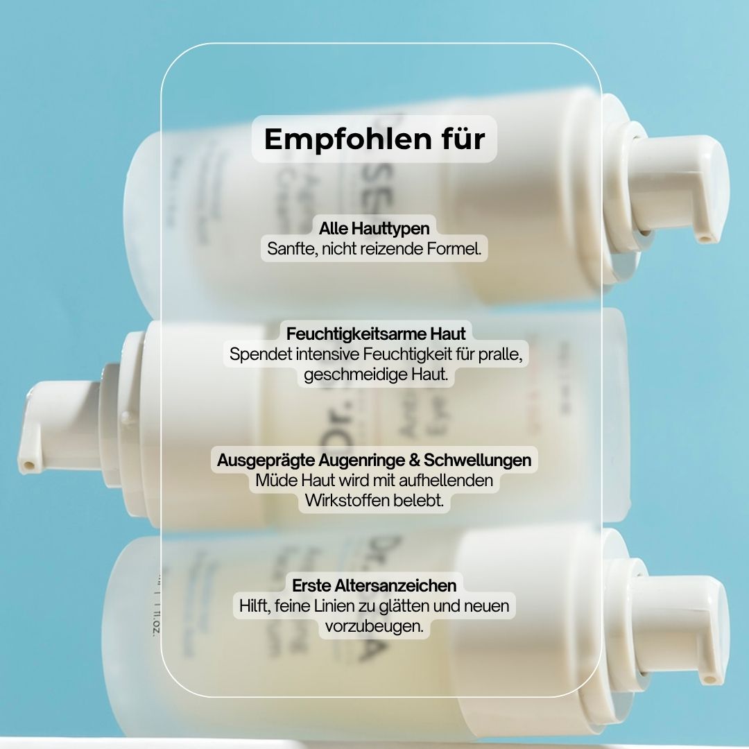 Drei Augenserum-Flaschen mit Text. Text: Dr. SEA, Anti-Aging Eye Serum. Empfohlen für: alle Hauttypen, dehydrierte Haut, Augenringe.