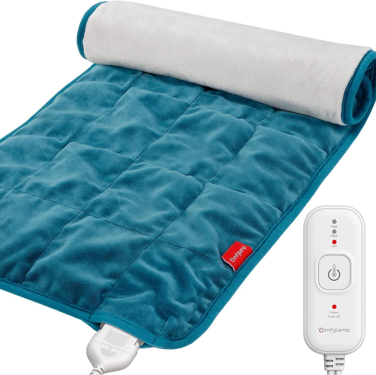 Türkises Heizkissen, aufgerollt, mit Fernbedienung. Marke 'Comfytemp'.
