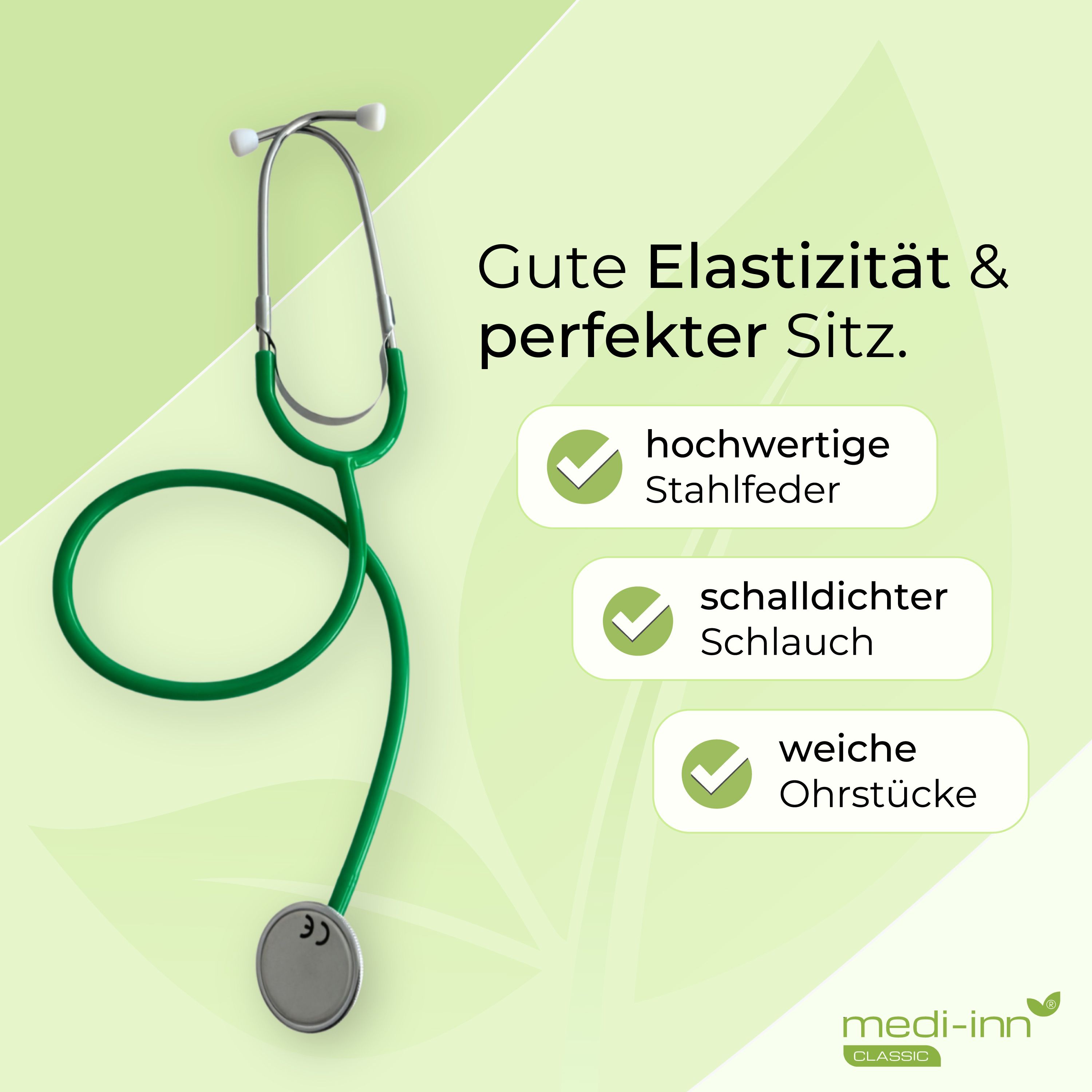 Grünes Stethoskop mit hochwertiger Stahlfeder, schallidichtem Schlauch und weichen Ohrstücken.