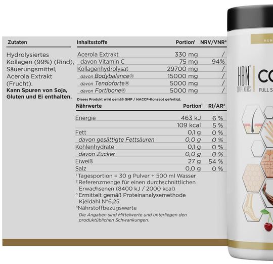 Nahaufnahme des weißen Behälters. Zutatenliste und Nährwertangaben. Aufschrift: HBN Collagen+. Text in deutscher Sprache.