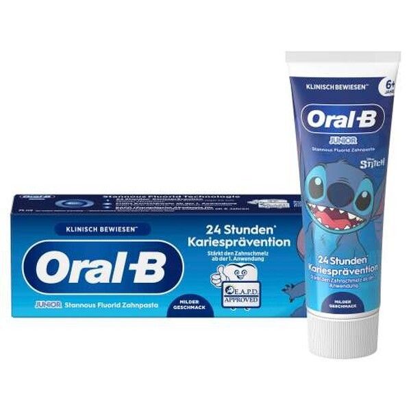 Oral-B Junior 6+ Jahre, Stitch Zahnpasta, milder Geschmack, entwickelt mit ZahnärztInnen, mit Stann