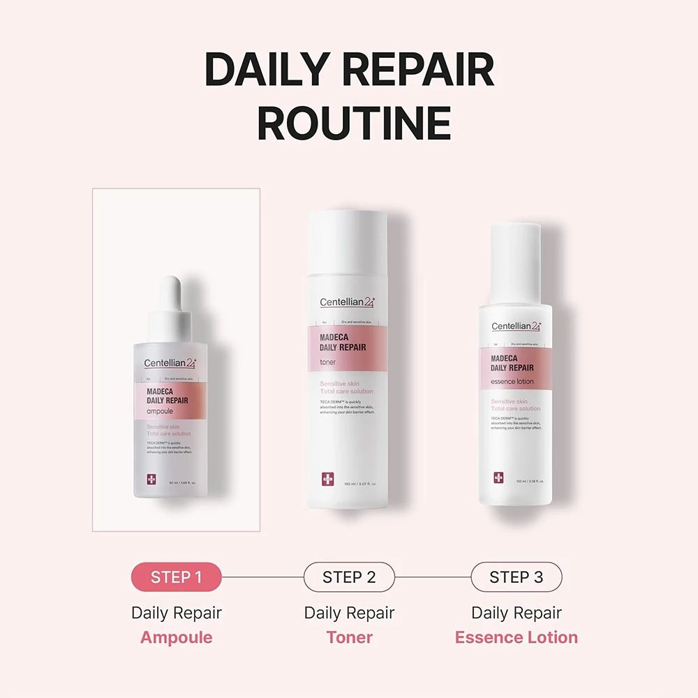 Drei Produkte: Ampulle, Toner und Essenzlotion. Marke: Centellian 24. Beschriftung: Daily Repair. Schritt 1, 2 und 3.