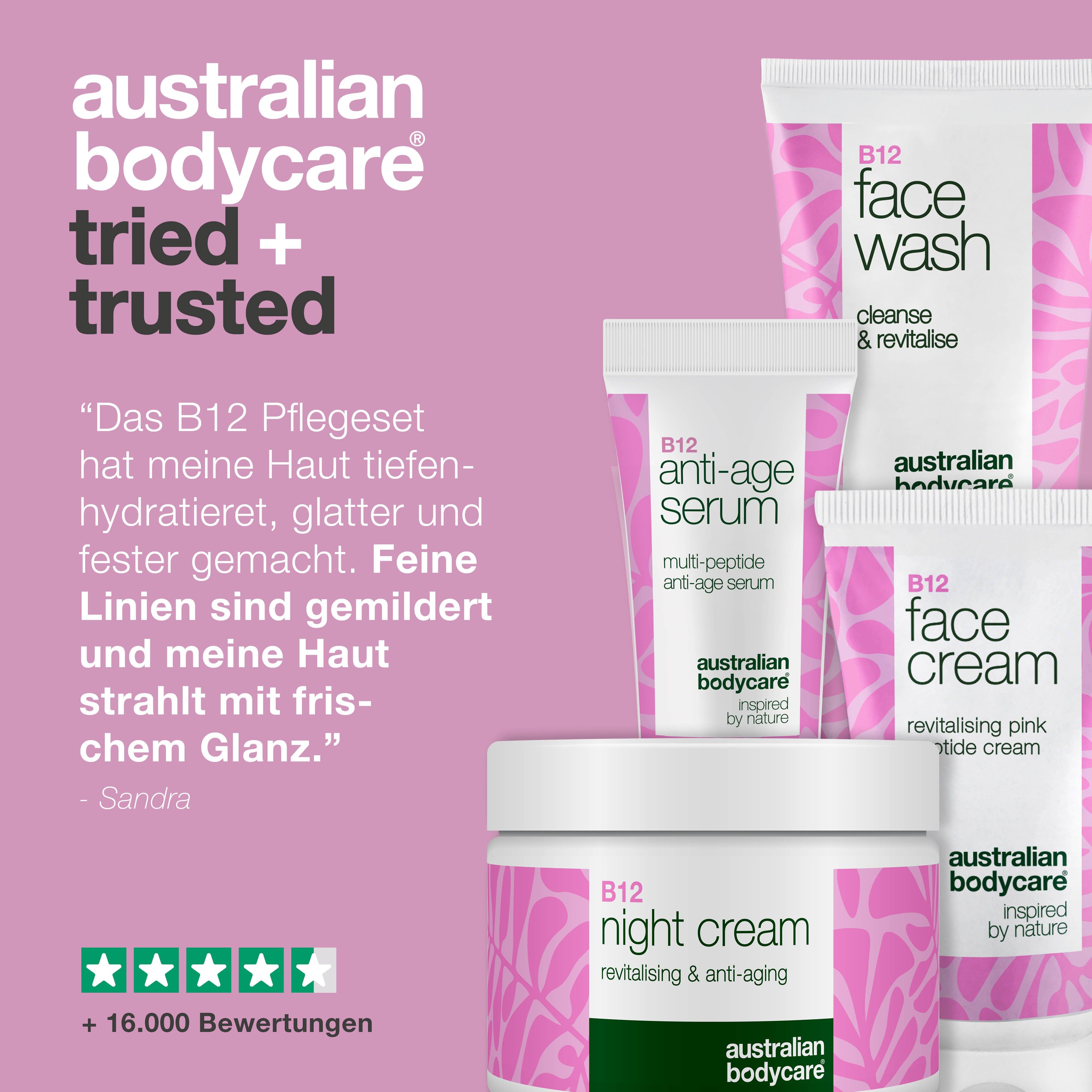 Australian Bodycare Produkte. Face Wash, Face Cream, Anti-Age Serum und Night Cream. Text: Tried + Trusted. Sternebewertung.
