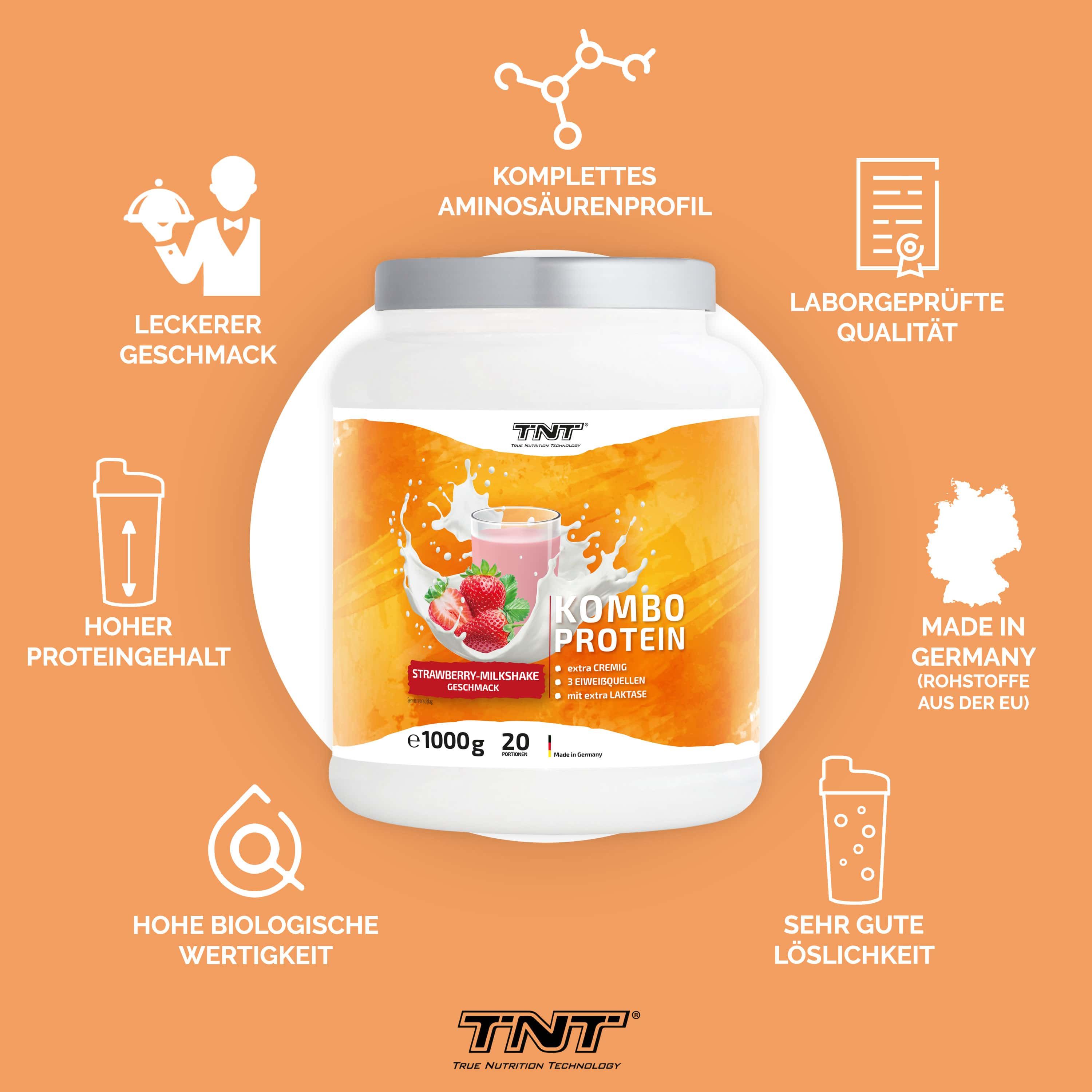 TNT Kombo Protein-Behälter, Erdbeer-Milchshake-Geschmack. Zusätzliche Icons: Aminosäurenprofil, Laborgeprüfte Qualität, Made in Germany.