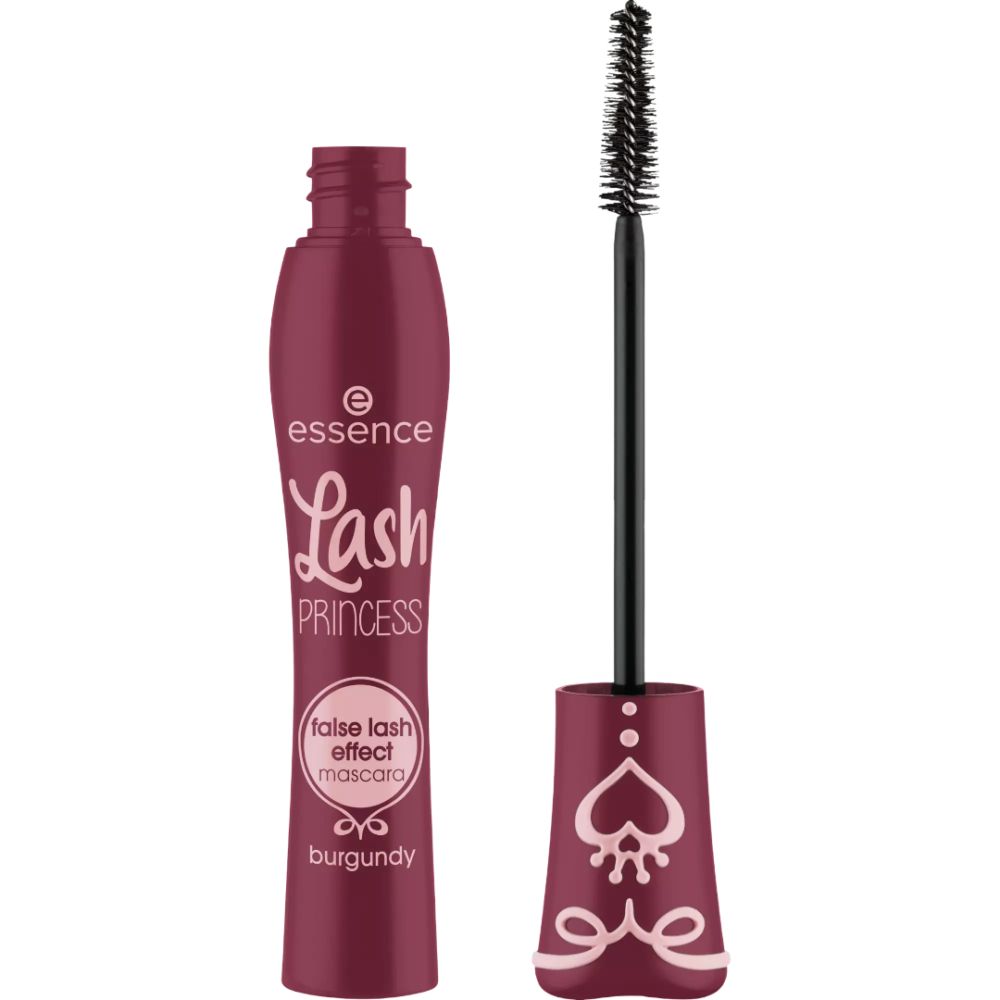 Burgunderfarbene Mascara mit Bürste. Aufschrift: Essence Lash Princess, False Lash Effect Mascara.