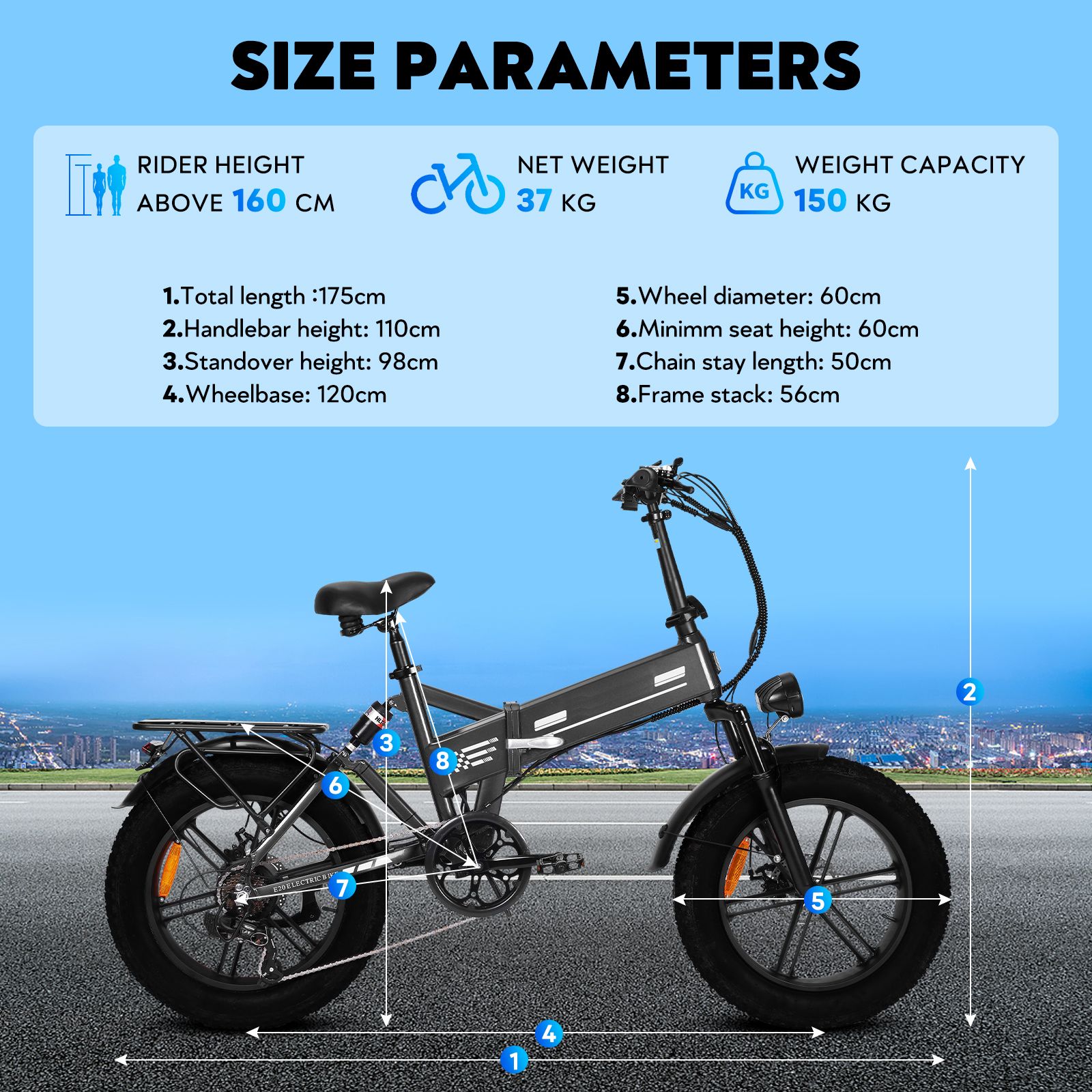 OOK-TEK E20 Fahrrad mit Größenangaben. Gesamthöhe, Lenkerhöhe, Radstand, Gewicht.