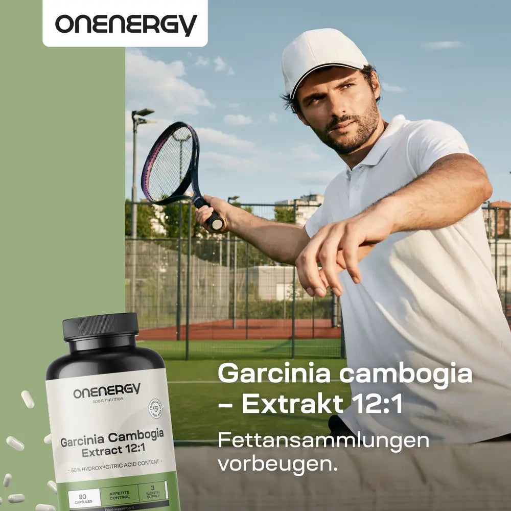 Mann spielt Tennis neben einer Flasche OnEnergy Garcinia Cambogia Extrakt 12:1.