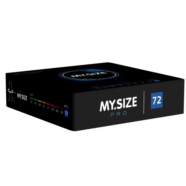 MY.SIZE PRO Kondom-Verpackung. Blaue Schachtel mit weißem Logo und Größenangaben. Größe 72mm hervorgehoben.