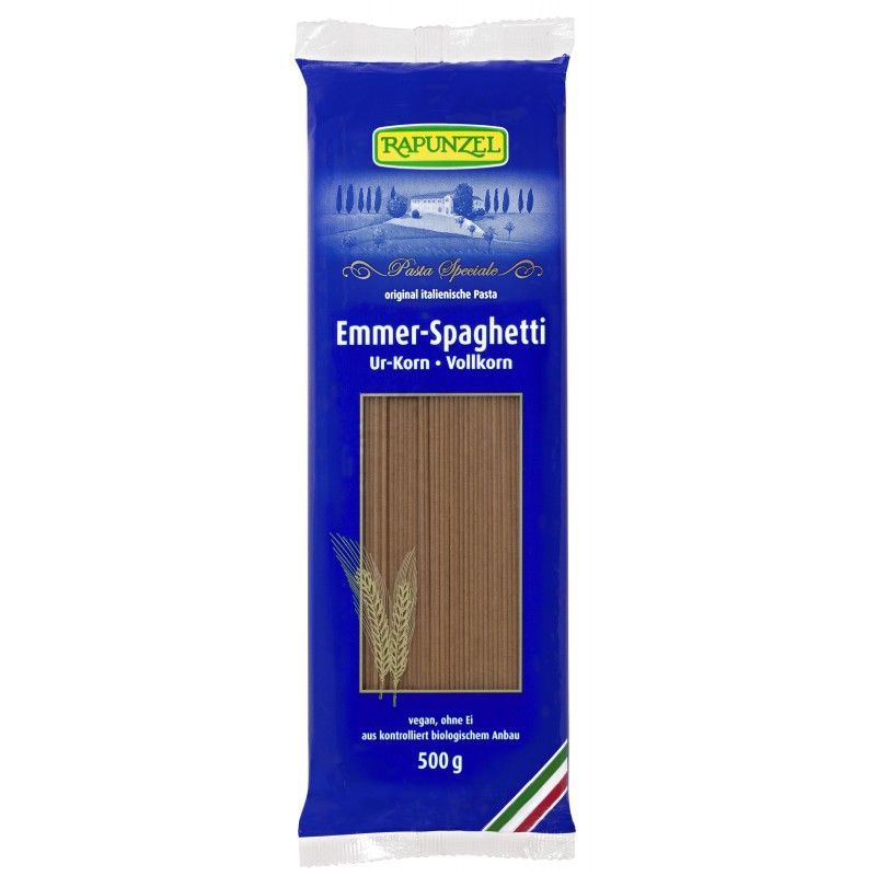 Blau-weiße Verpackung mit Rapunzel-Logo. Emmer-Spaghetti, Vollkorn. Sichtbare Nudeln. Text: vegan, ohne Ei, 500 g.