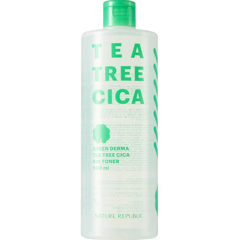 Transparente Flasche mit grünem Deckel. Aufschrift: TEA TREE CICA, GREEN DERMA, BIG TONER. Marke: NATURE REPUBLIC.