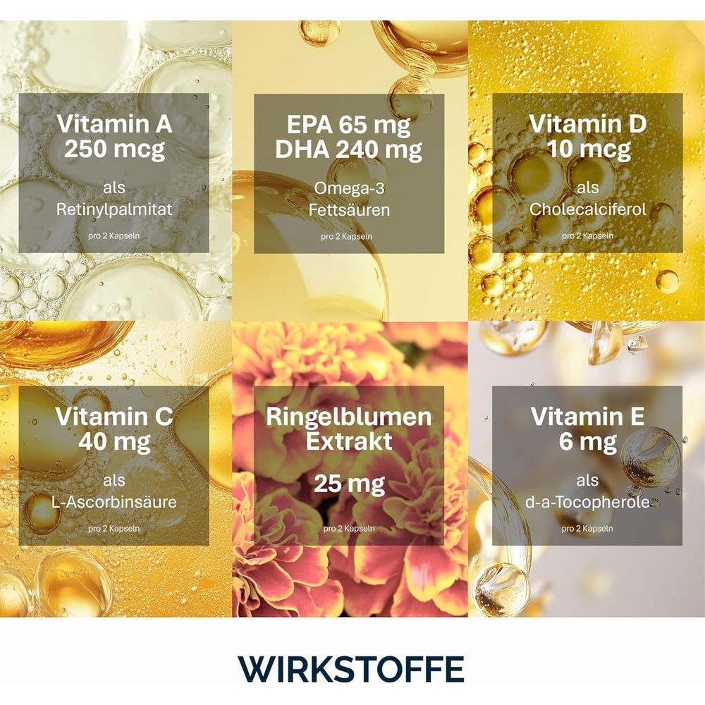 Sechs Kacheln mit Inhaltsstoffen. Vitamin A, EPA, DHA, Vitamin D, Vitamin C, Ringelblumenextrakt, Vitamin E.