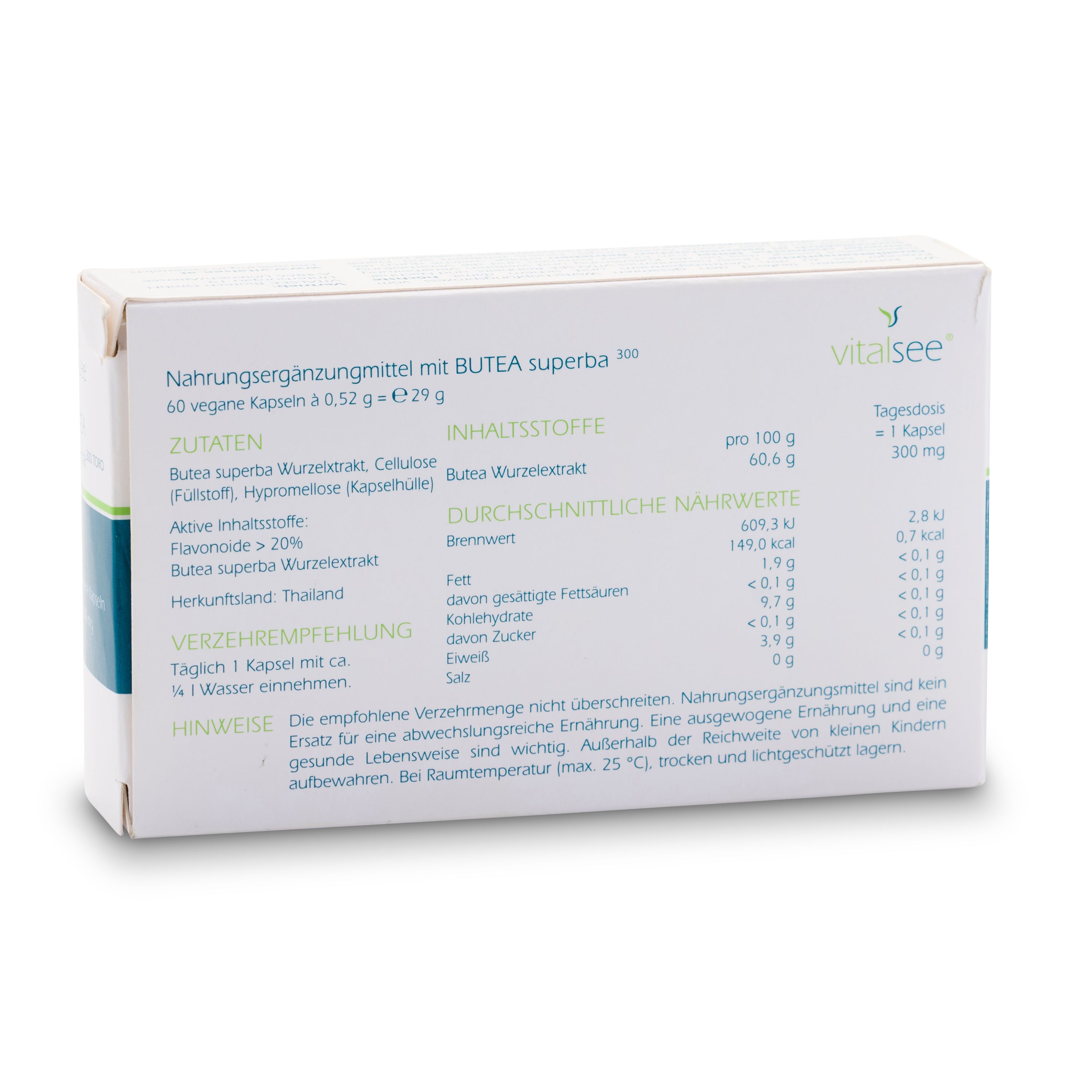 Verpackung mit Text. Enthält 60 Kapseln. Zutaten und Nährwertangaben sind aufgedruckt. Marke: Vitalsee.