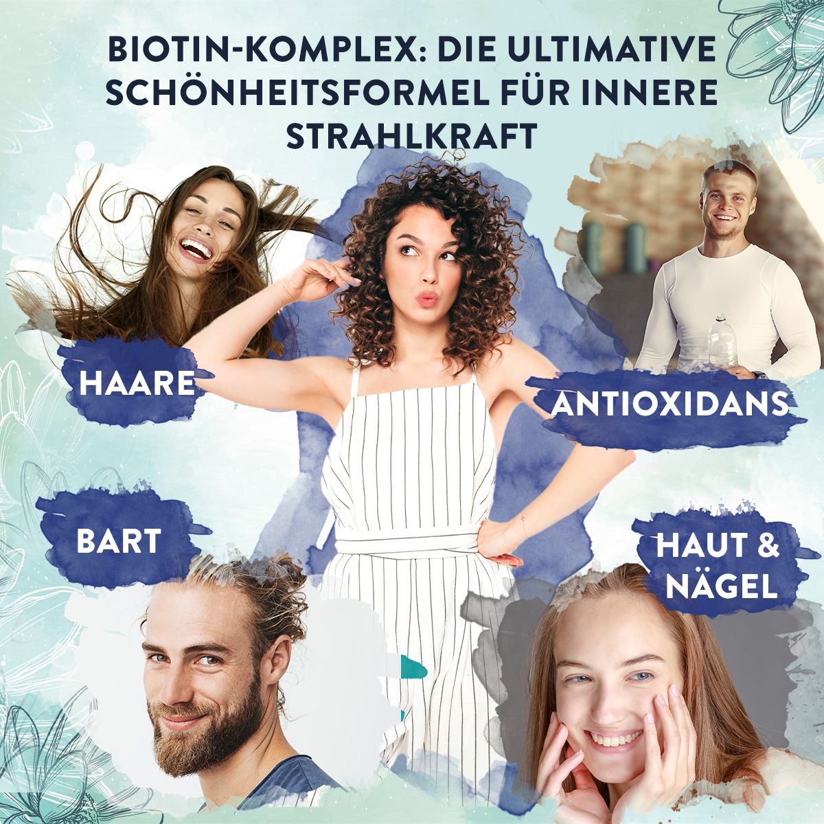 Aavalabs Biotin Komplex Flasche mit detaillierter Nährwerttabelle und Inhaltsstoffen.