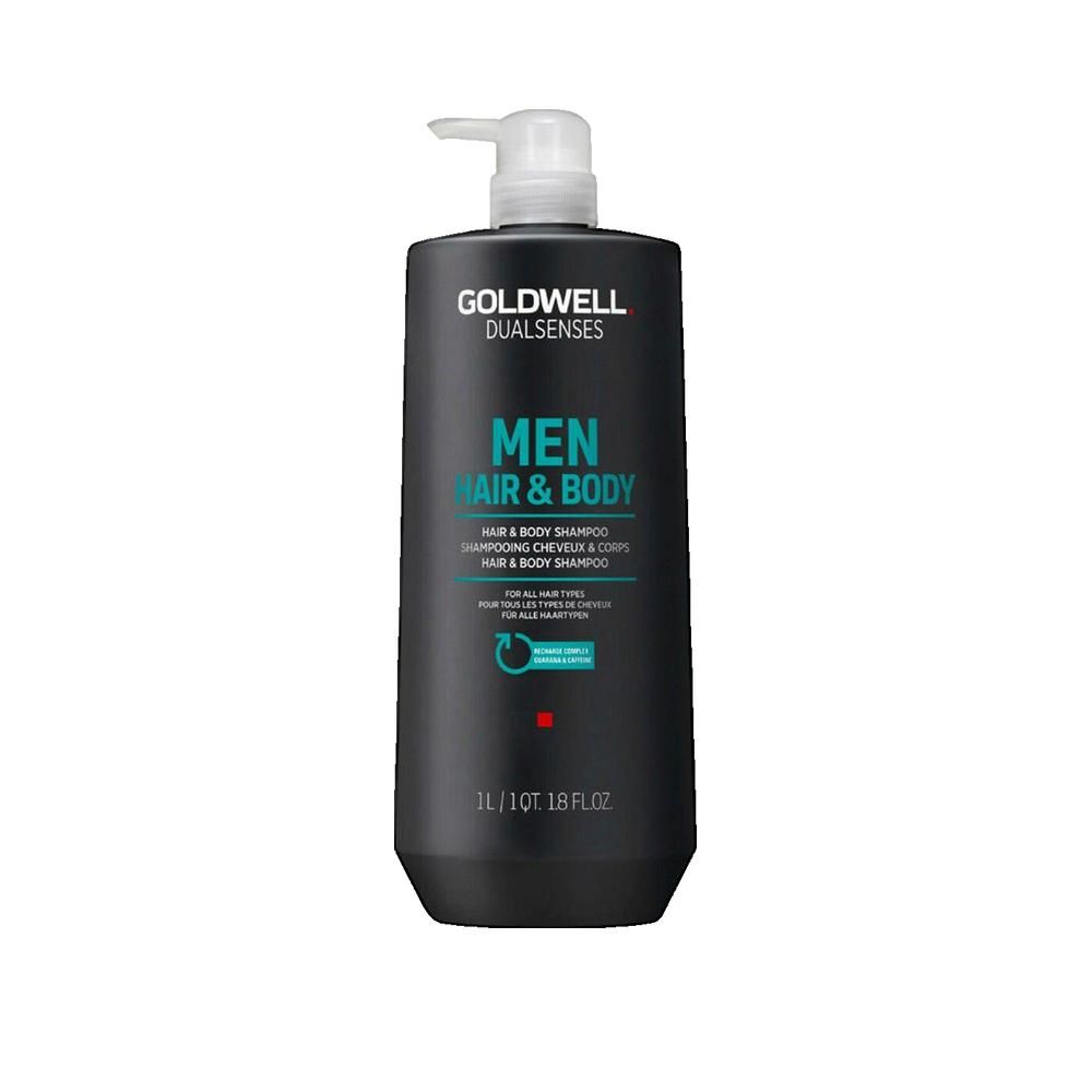 Schwarze Flasche mit Pumpe. Aufschrift: GOLDWELL DUALSENSES MEN HAIR & BODY SHAMPOO. Für alle Haartypen. 1L/1QT 1.8 FL.OZ.