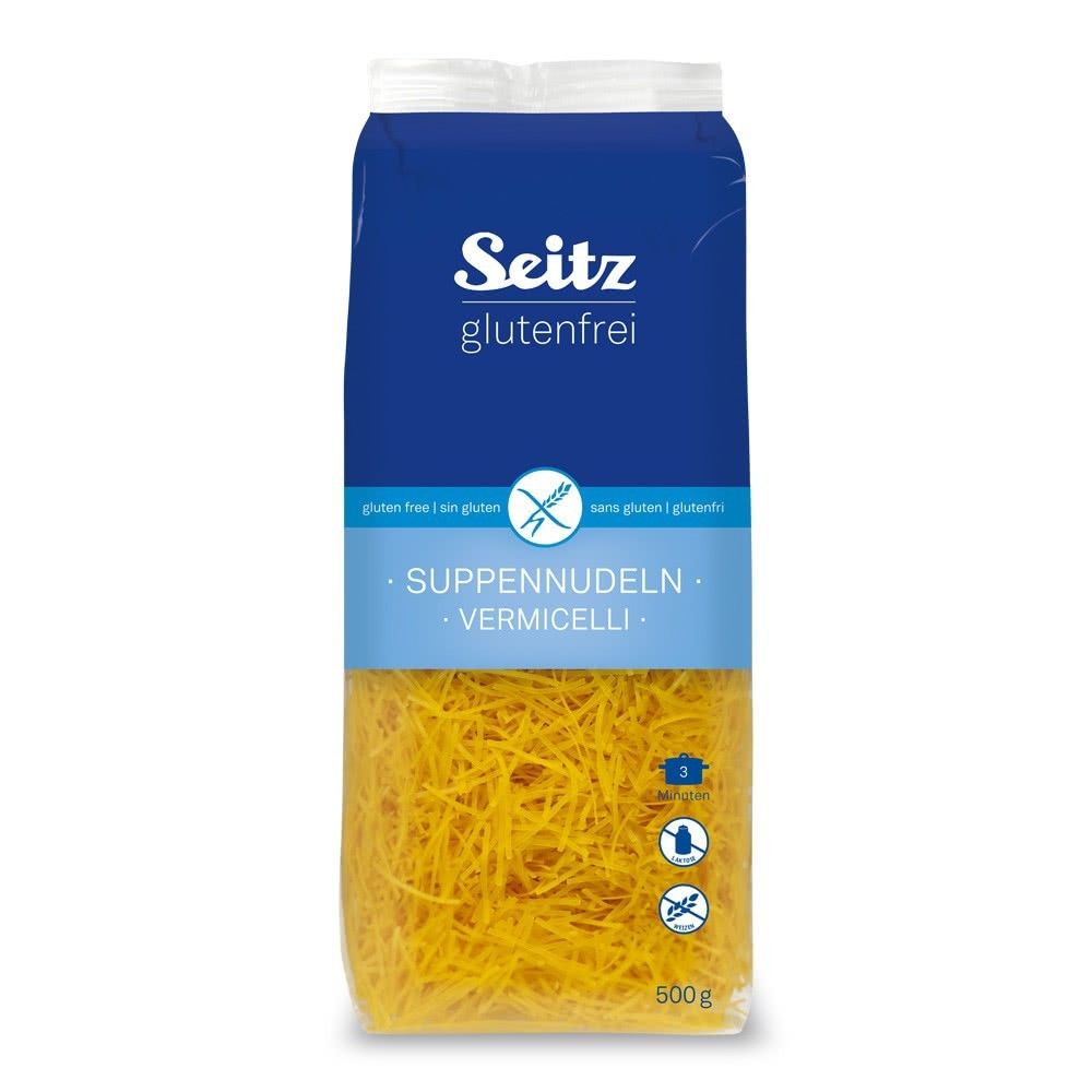 Verpackung mit Seitz Suppennudeln glutenfrei. Blaue Verpackung mit Produktnamen und glutenfrei-Symbol. Inhalt: gelbe Vermicelli-Nudeln.