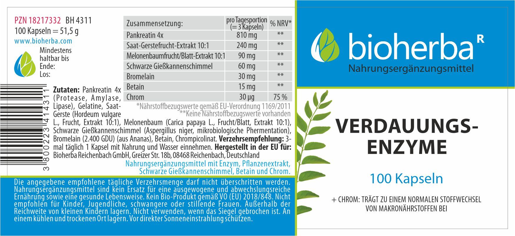 Bioherba Verdauungsenzyme Kapseln. Produktetikett mit Inhaltsstoffen und Nährwertangaben. 100 Kapseln. Enthält Chrom.