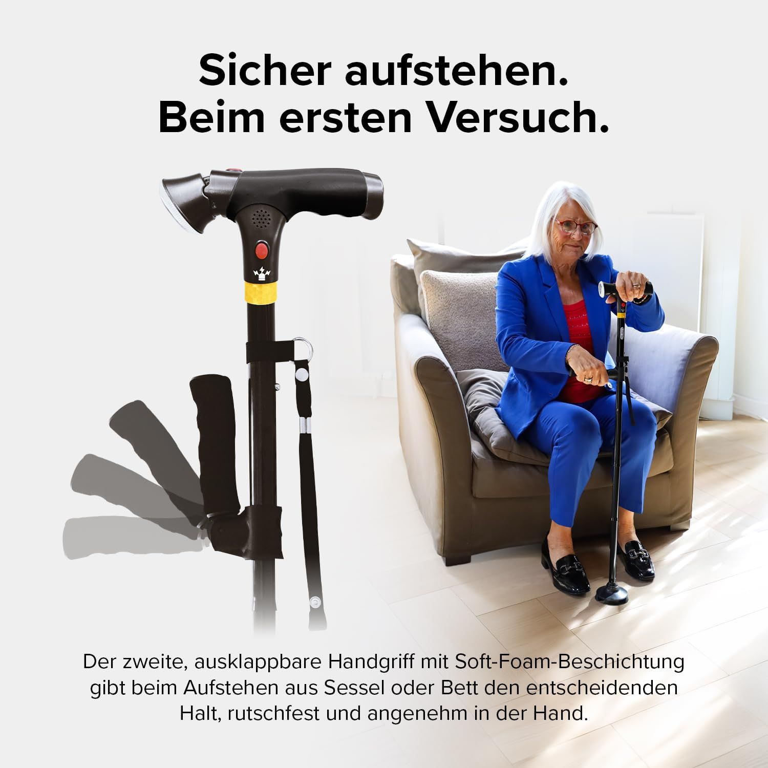 Frau steht mit DR-HO'S Gehstock auf, der einen ausklappbaren Griff hat.