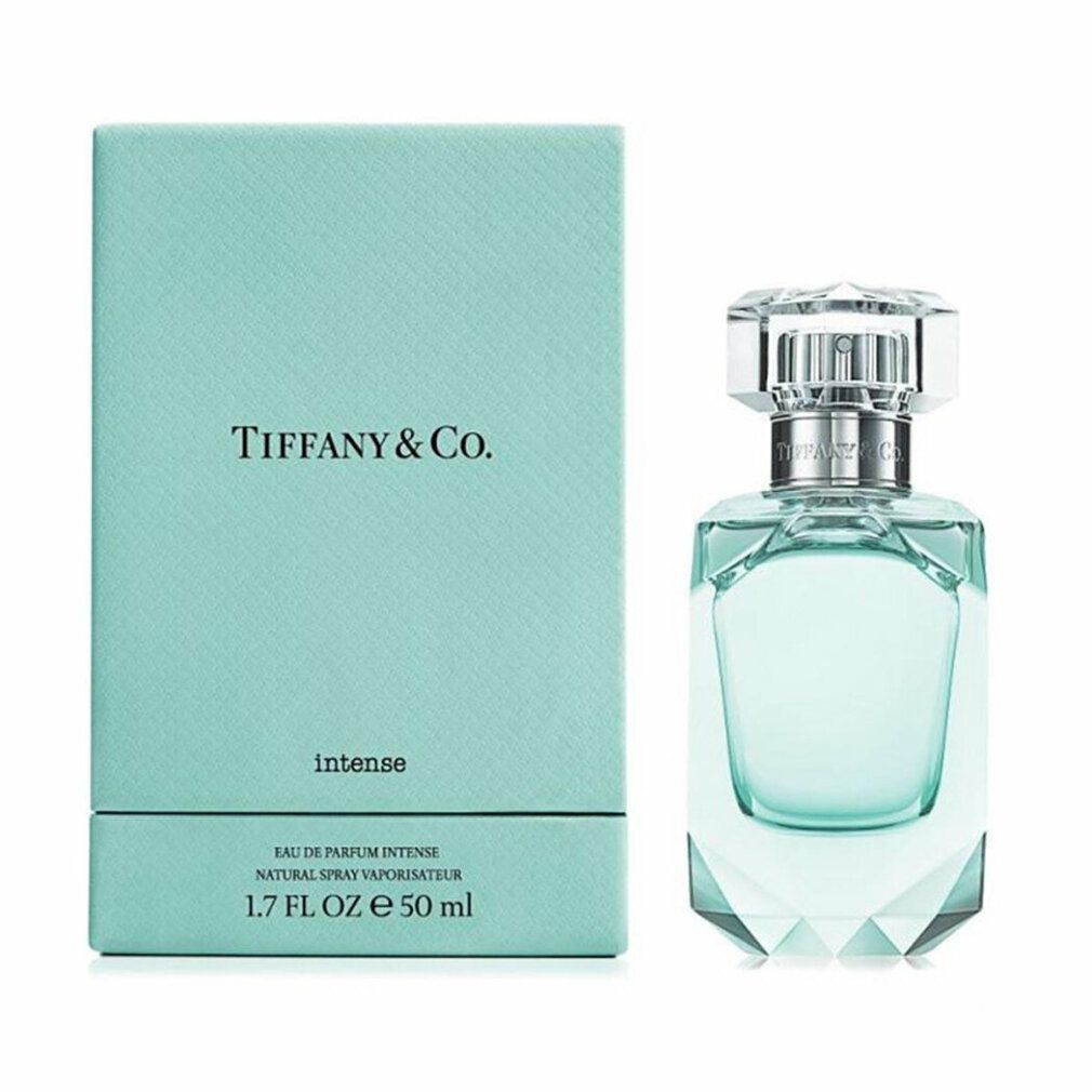 Türkisfarbene Schachtel und Flakon. Flakon mit silbernem Verschluss und durchsichtigem Deckel. Aufschrift: Tiffany & Co. Intense.