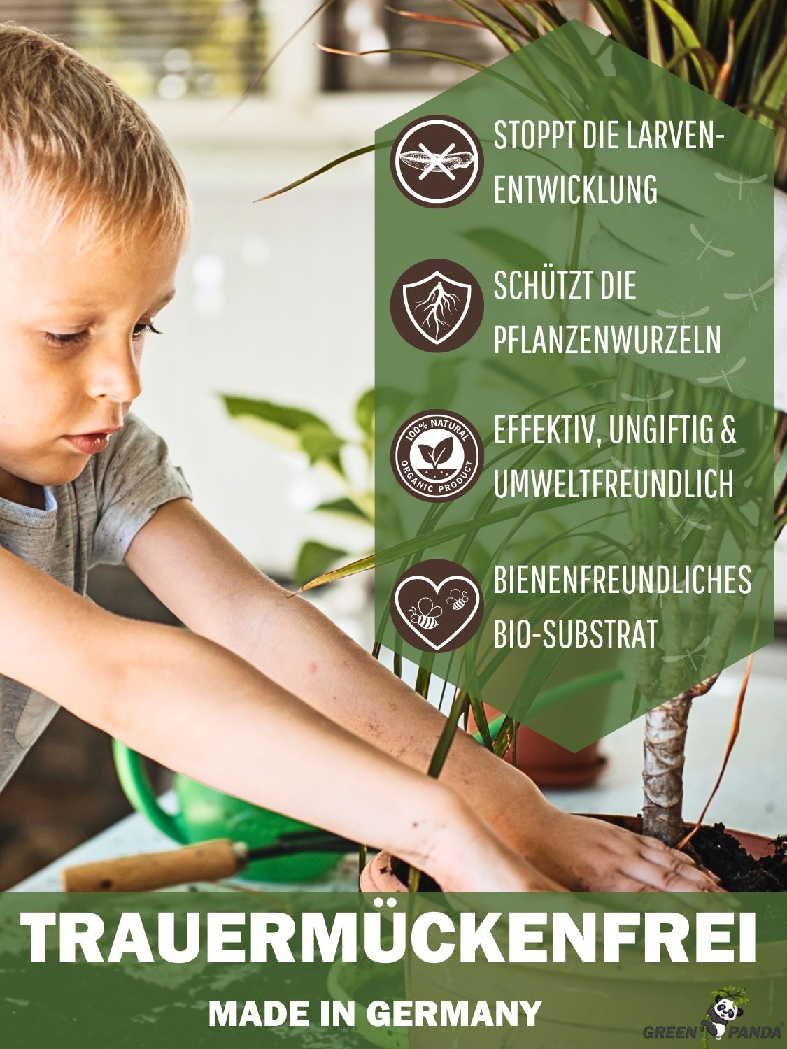 Kind gießt Pflanze mit GreenPanda Trauermücken-Frei. Text: Stoppt Larven, schützt Wurzeln, ungiftig, umweltfreundlich, bienenfreundlich.