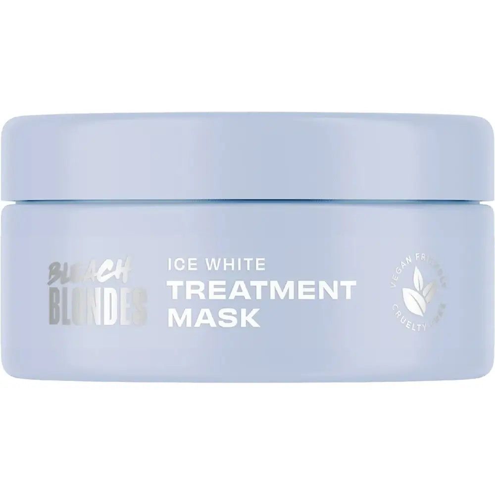 Hellblaue Dose mit "Bleach Blondes Ice White Treatment Mask" Aufschrift und Vegan & Cruelty Free Siegel.