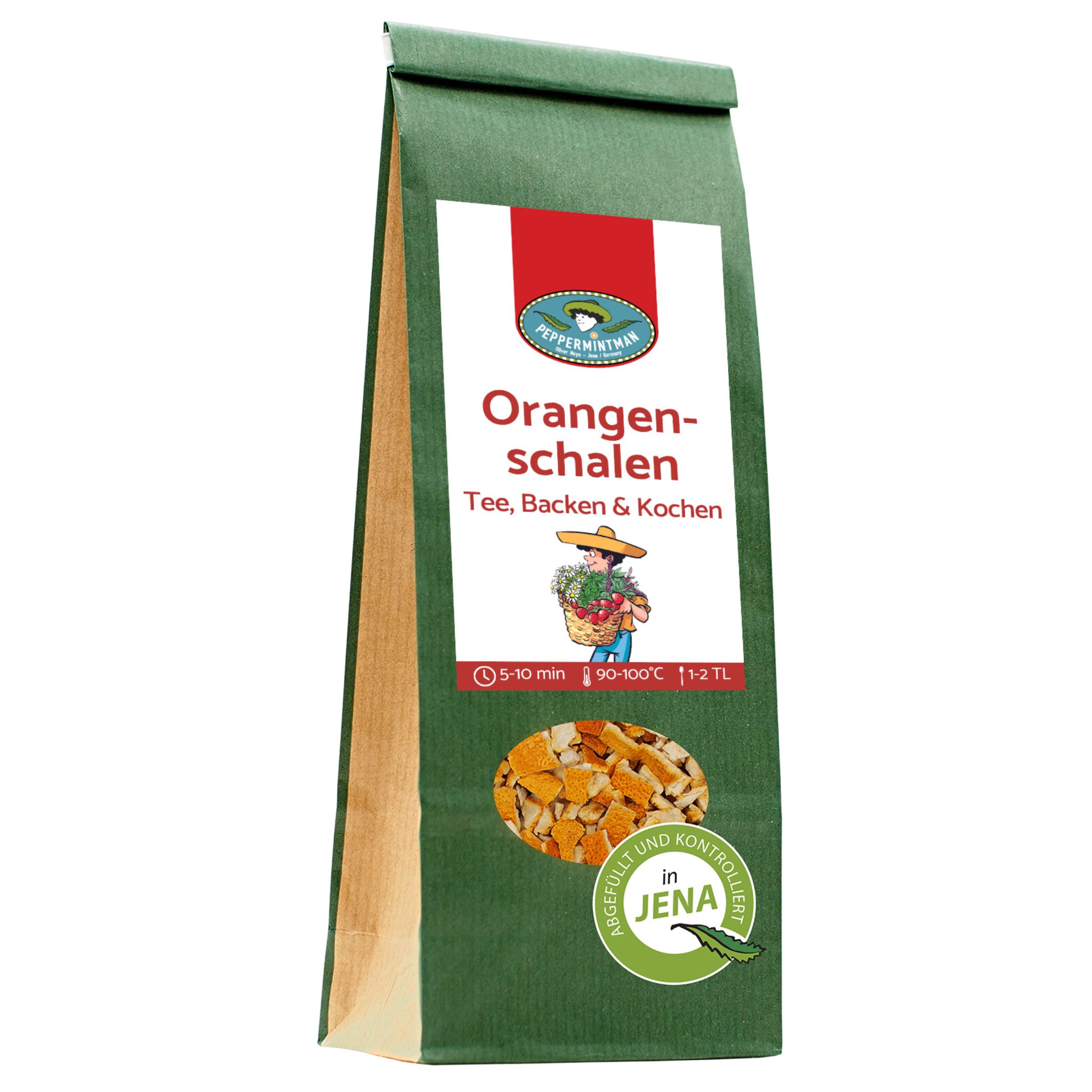 Grüne Papiertüte mit Orangenschalen-Aufdruck. Logo: PEPPERMINTMAN. Text: Orangenschalen, Tee, Backen & Kochen. Abbildung von Orangenschalen.