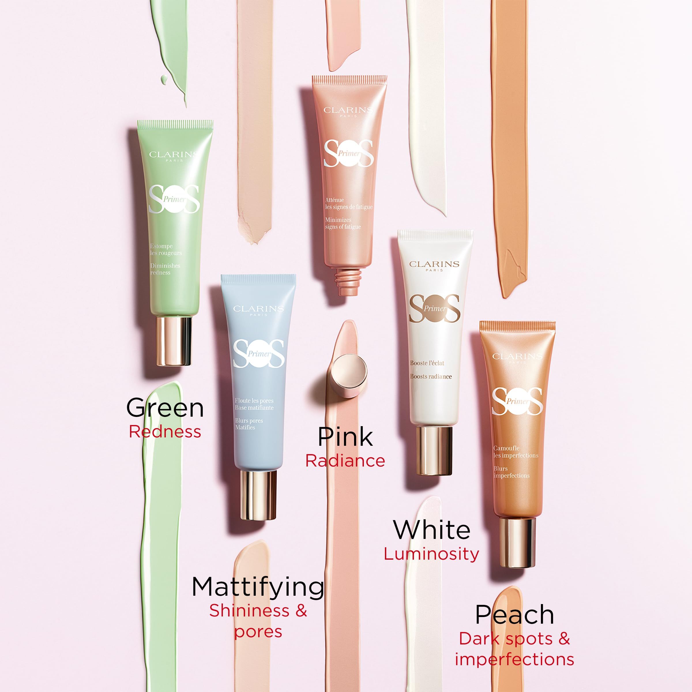 Verschiedene Tuben und Farbstreifen. Text: Green, Pink, White, Peach.