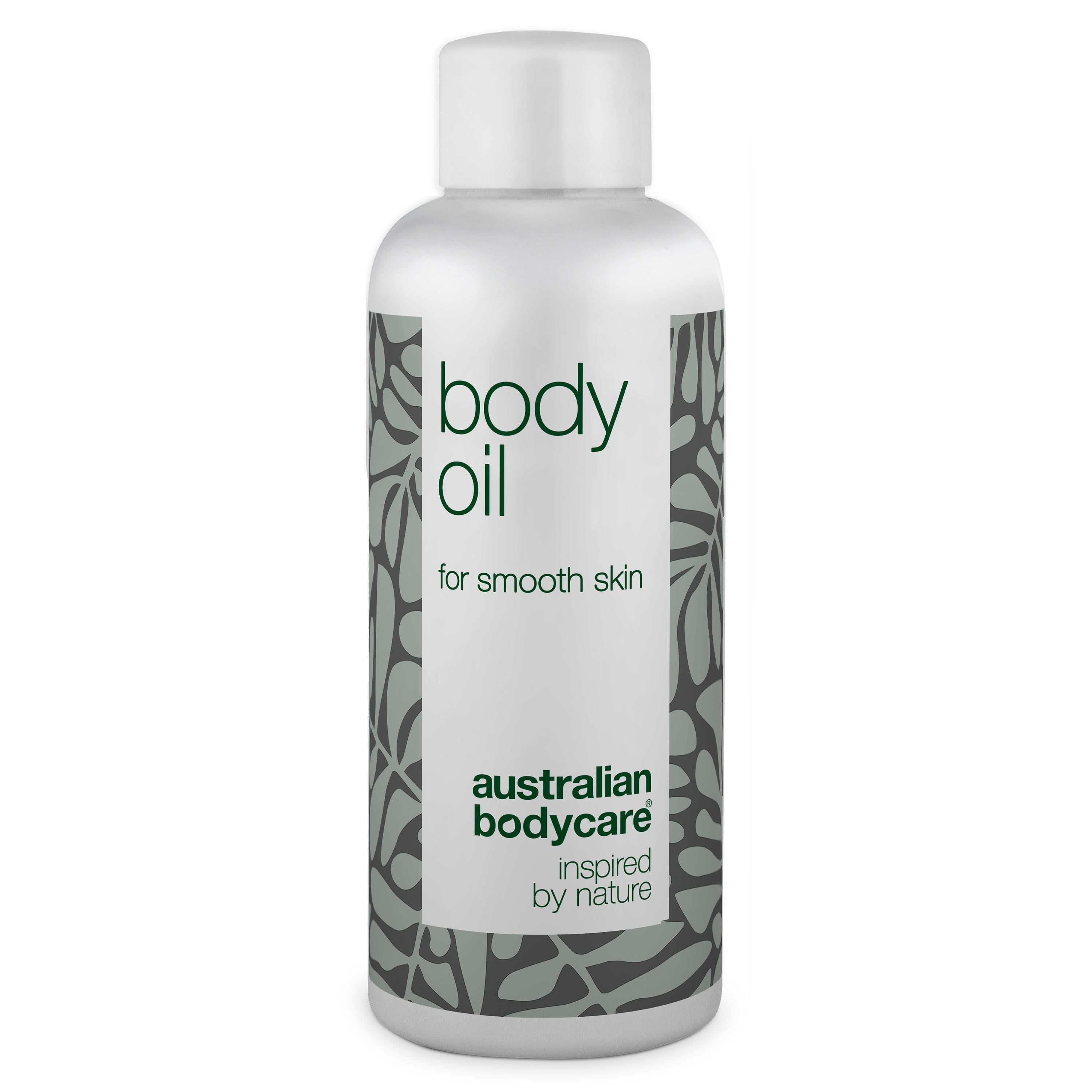 Körperöl-Flasche mit weißem Deckel. Aufschrift: body oil, for smooth skin, australian bodycare.