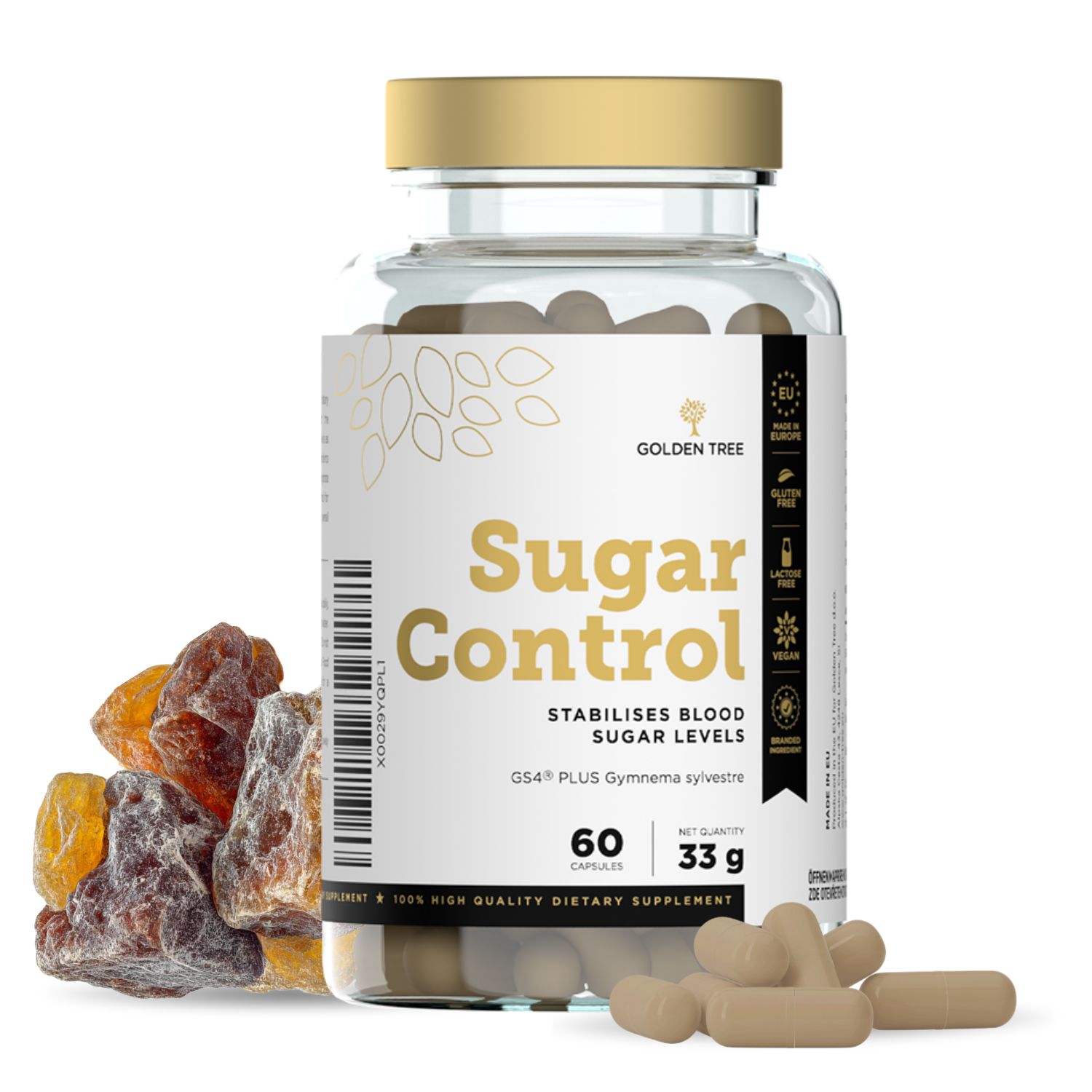 Flasche Golden Tree Sugar Control mit 60 Kapseln, 33g, neben getrockneten Früchten und Kapseln.