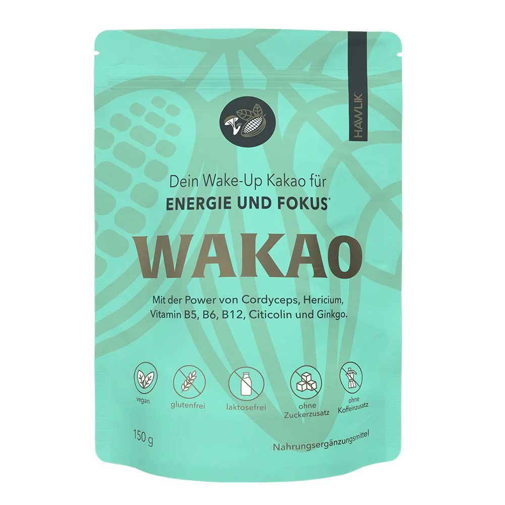 Türkisgrüne Verpackung mit Aufschrift WAKAO. Enthält Cordyceps, Hericium, Vitamine. Marke HAWLIK. 150g. Vegan, glutenfrei, laktosefrei, ohne Zuckerzusatz.