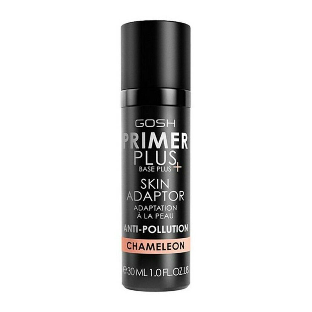 Schwarze Flasche mit Aufschrift PRIMER PLUS+, SKIN ADAPTOR, ANTI-POLLUTION, CHAMÄLEON. 30 ml.