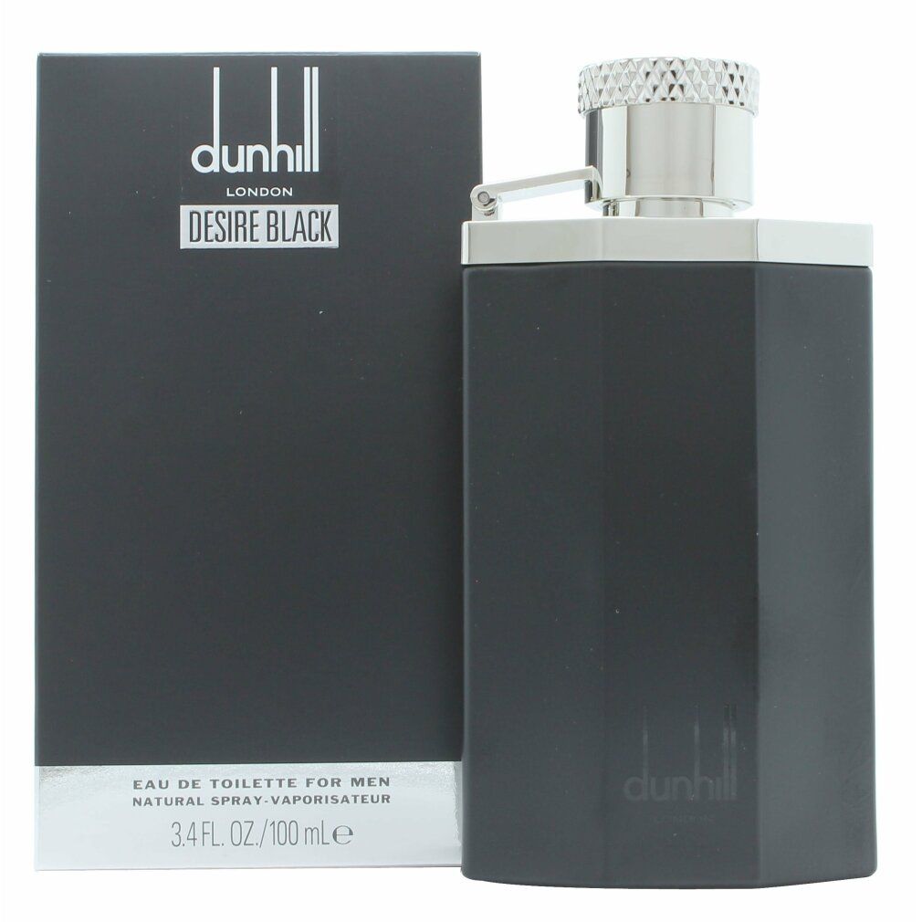 Schwarzer Flakon und Verpackung. Auf der Verpackung steht "dunhill London Desire Black". Der Flakon hat eine rechteckige Form.