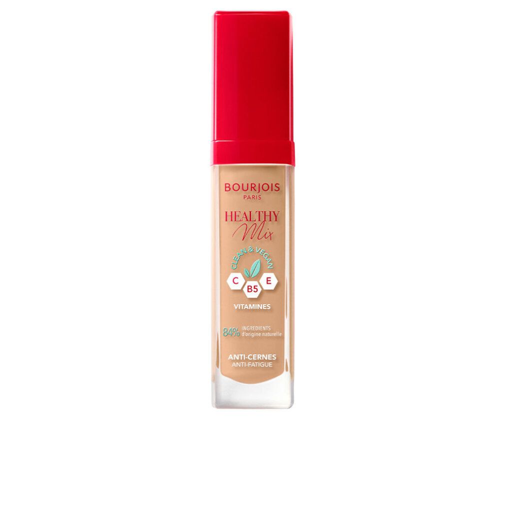 Concealer-Fläschchen mit rotem Deckel. Aufschrift: Bourjois Healthy Mix Vitamines. Beige Farbton. Anti-Cernes.